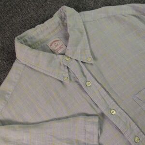 Brooks Brothers 346 Shirt Mens XL Blue Yellow Plaid 100% Linen Short Sleeve